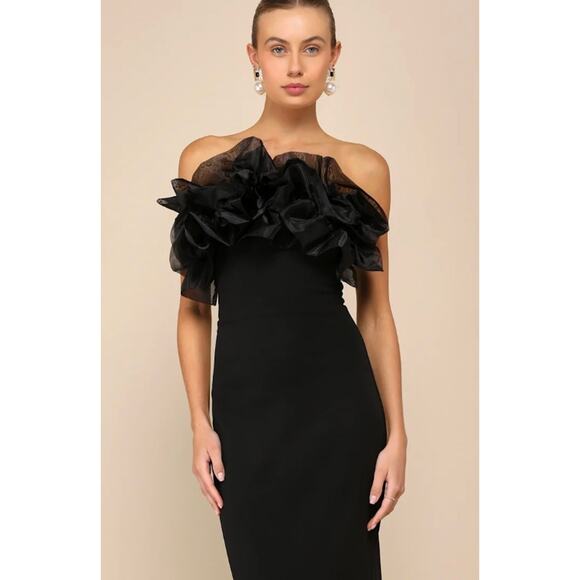 Lulus Women's Evening Excellence Black Ruffled Strapless Mermaid Maxi Dress Sz - Picture 7 of 9